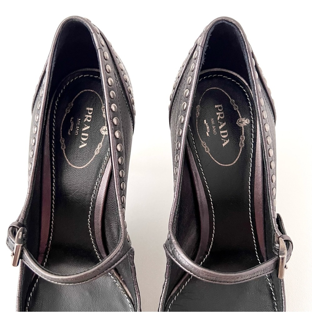 New PRADA | Dark Gray Metallic Studded Mary Jane Pointed Pumps Heels EU 38 New - Picture 9 of 15